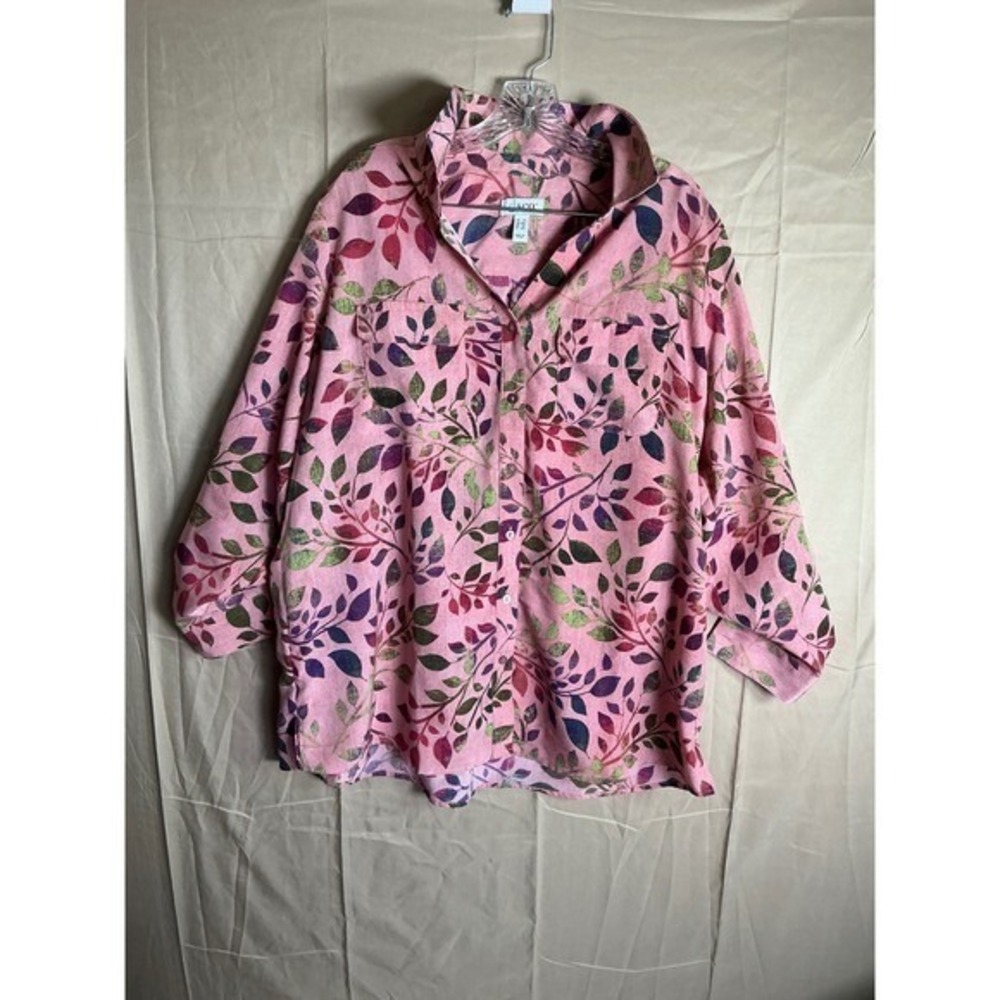 d&co Pink Botanical Leaf Print Button Shirt‎ Women Plus Size 1x